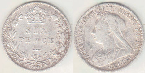 1901 Great Britain silver Sixpence A001929